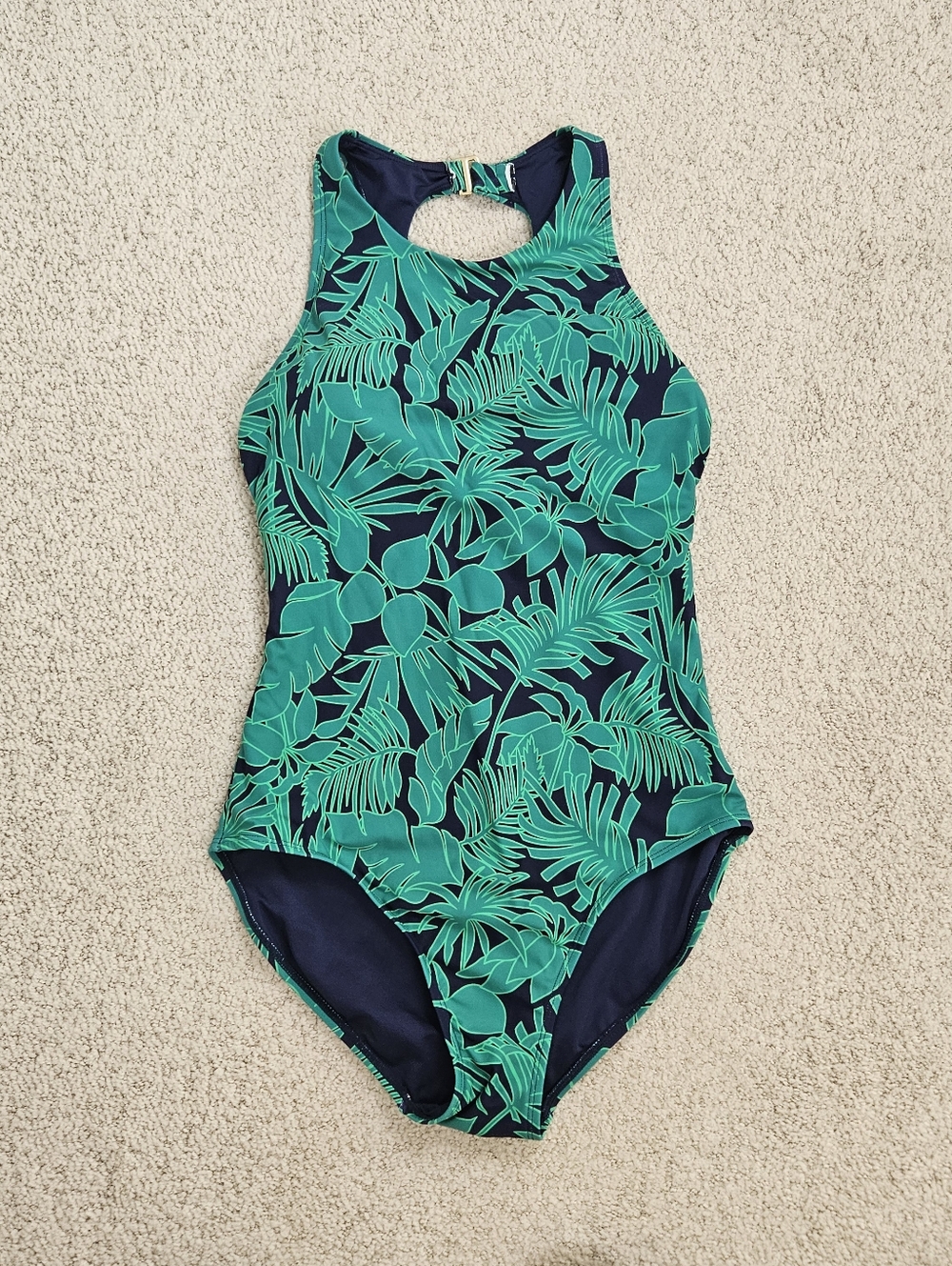 Lands End One Piece Swimsuit Womens M High Neck Full Coverage Green Palm Padded